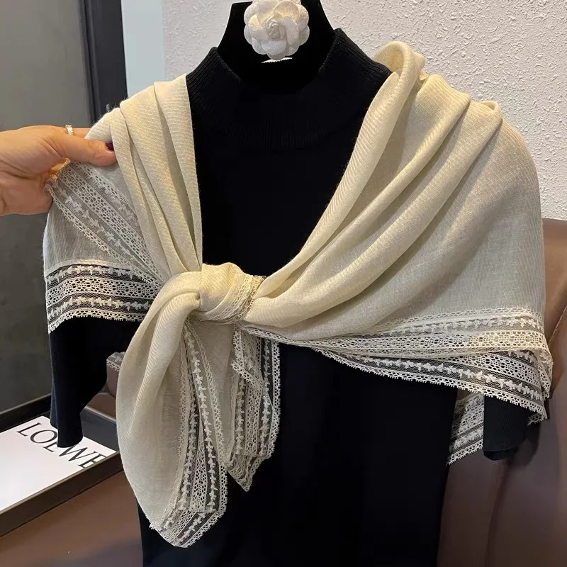 Pink/White/Grey 100cm lace cotton linen square scarf elegant scarf Bandana designer kerchief, extra fine cotton - for Women