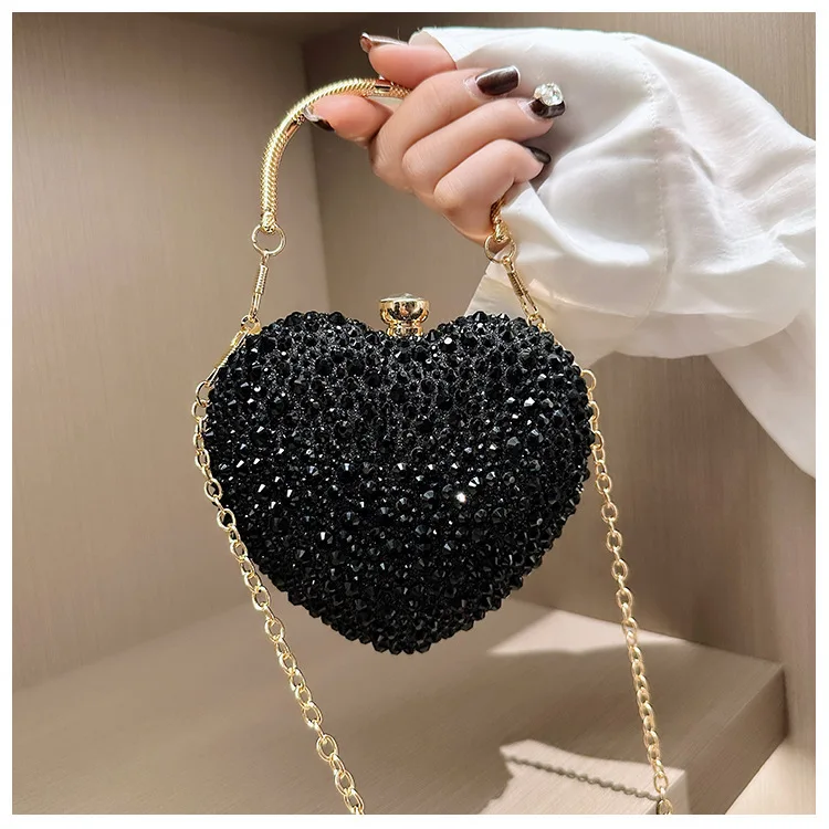 Luxury Diamond Inlay Heart Shape Crystal Clutch Purse Stones Evening Wedding Party Shoulder Bag Handle Rhinestone Mini Handbags view 2