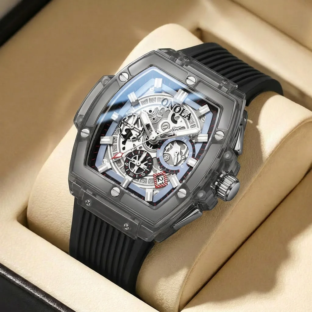 

1pcs Men's silver dial silicone strap vintage fashion tonneau skeleton sporty details Quartz Watch for business party holiday