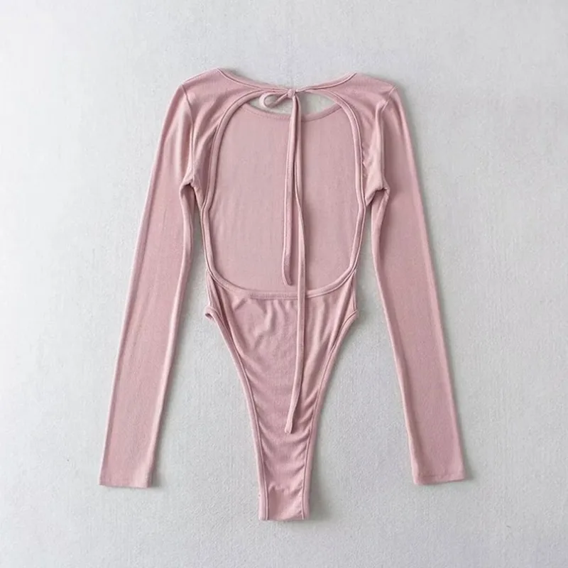 Rückenfreier, ausgehöhlter, würziger Mädchen-Body mit Schnürung, langärmeliges, hoch geschnittenes, einteiliges T-Shirt für Damen, sexy, tägliches Sport-Unterhemd