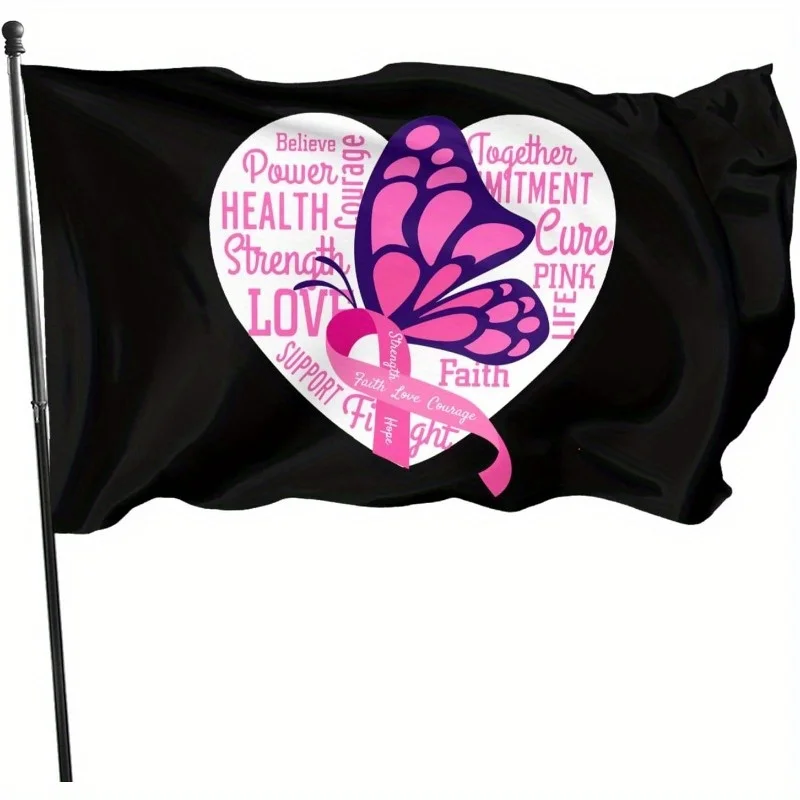1pc Breast Cancer Awareness Banner Pink Ribbon And Butterfly Design, 3X5 Ft, Polyester Fabric, Grommeted for Easy Hanging