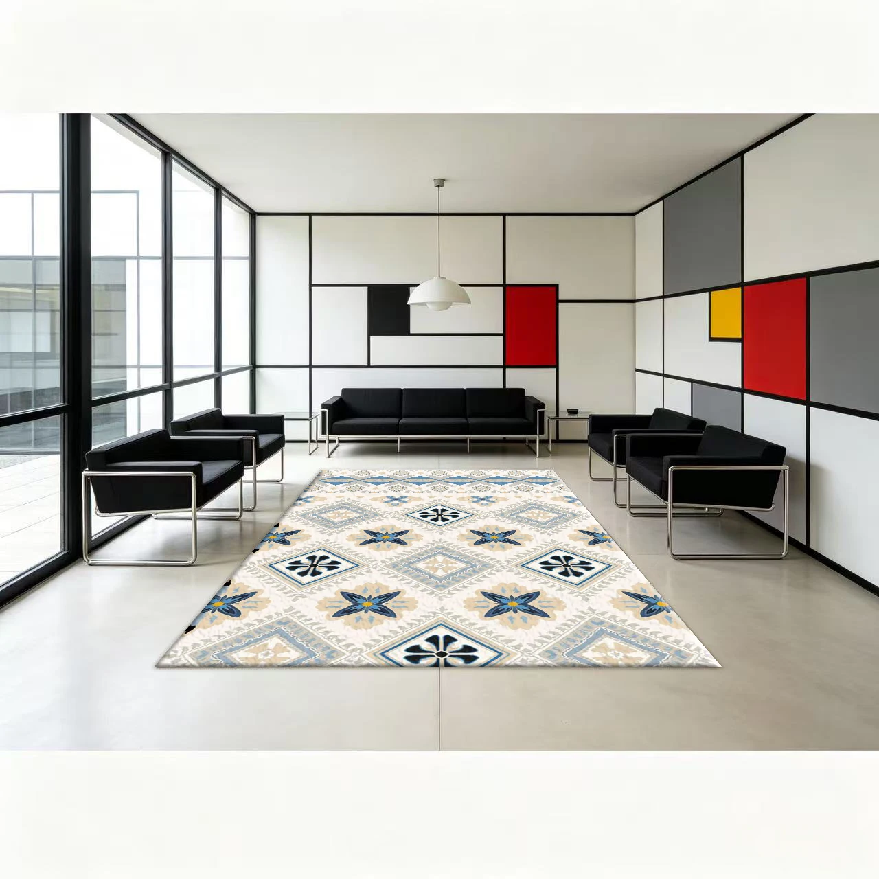 Mediterranean Tile Pattern Carpet, Vintage Decorative Carpet Suitable for Living Room, Bedroom, Home Indoor Floor Mat