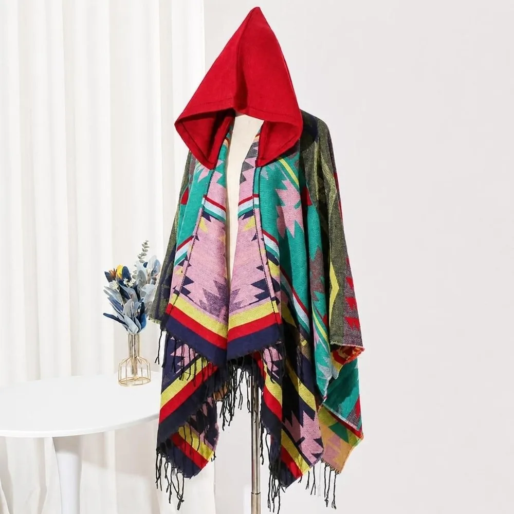 Geometric Print Hooded Poncho Shawl Faux Cashmere Oversized Fit Oversized Travel Outerwear Fringe Tassel Bohemian Poncho Wrap