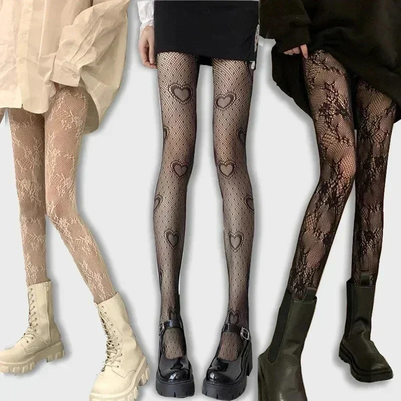 Heart Flower Mesh Japanese Girl Lolita Ins Tights Stockings White Fishnet Pantyhose Female for Women Summer Legging Stocking