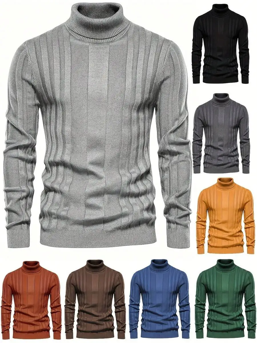 

Men's Ribbed Turtleneck Sweater, Slim Fit Long Sleeve Knit Pullover in Solid Colors for Fall Winter