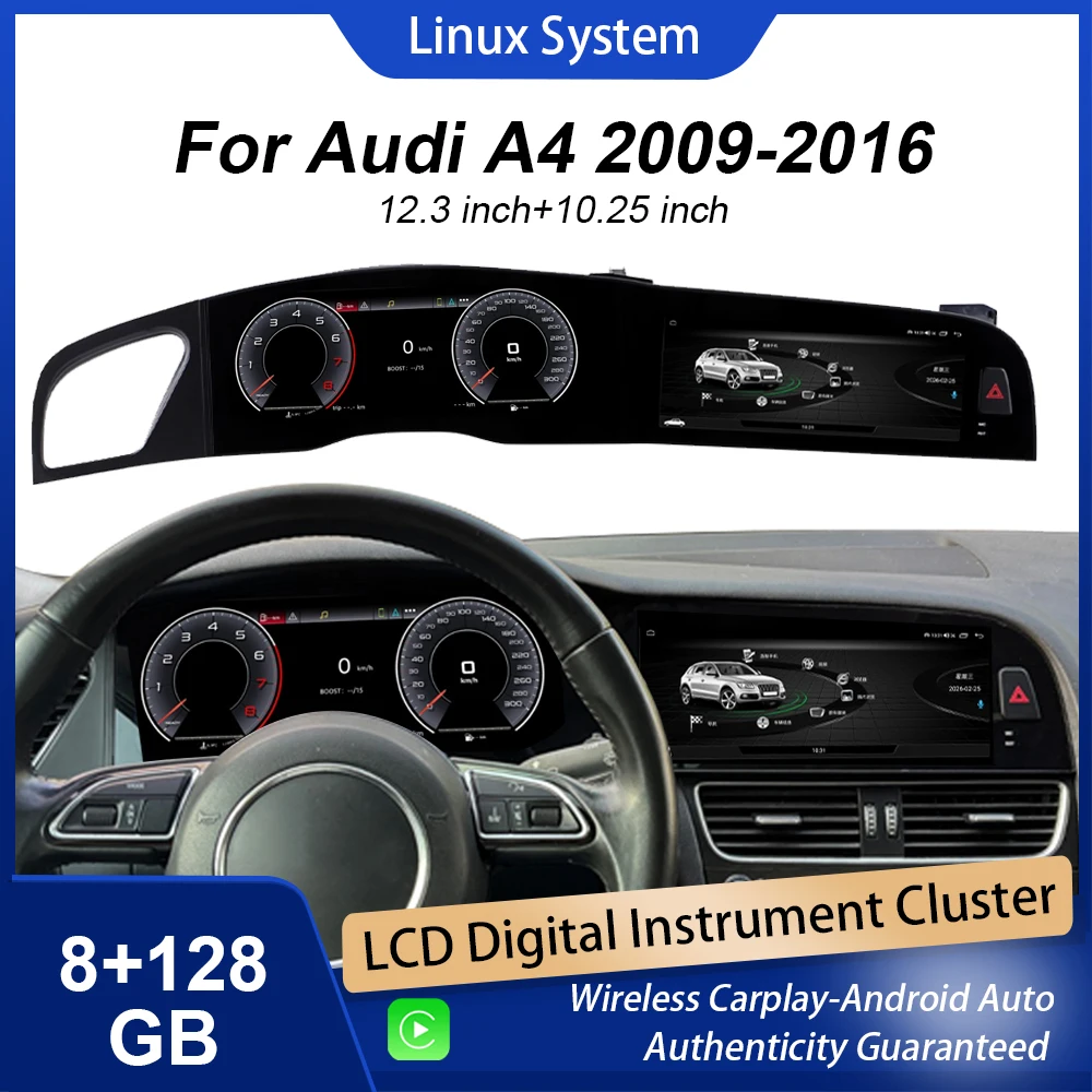 

Digital Instrument Cluster For Audi A4 2009-2016 Speedometer Android radio, wireless CarPlay, GPS navigation,Plug and Play