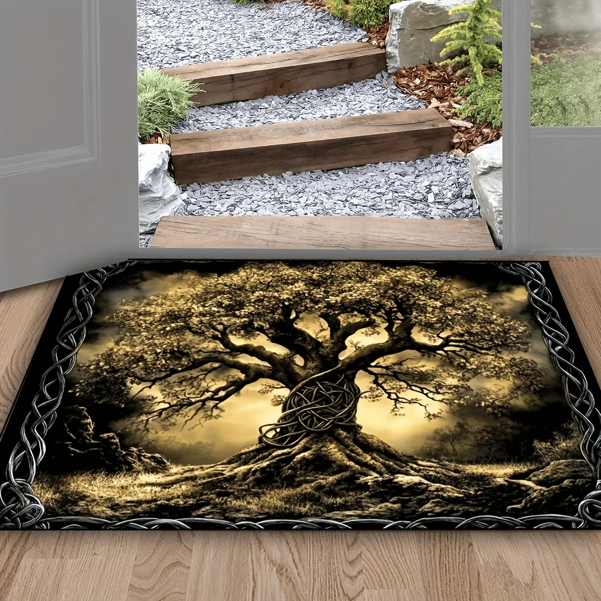 Vintage Tree of Life Entrance Doormat Ancient Celtic Knot Frame Sacred Tree Graphic Rug Retro Mystical Style Household Decor Mat