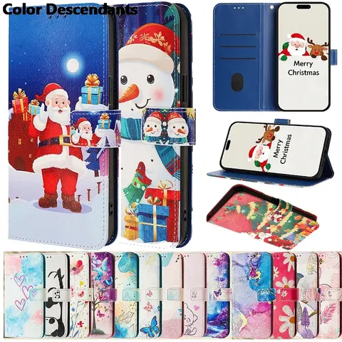 Christmas Leather Covers For Samsung Galaxy S25 Edge S24 S23 S22 S21 S20 Ultra FE S10 S9 S8 Plus S7 S6 Flip Stand Wallet Cover
