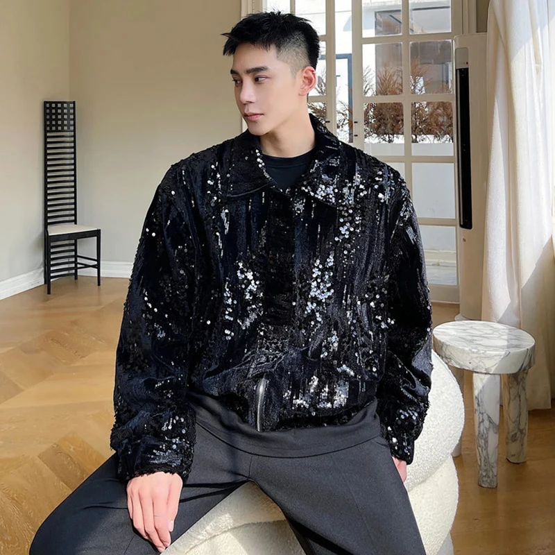 LUZHEN Sequin Patchwork Men\'s Jacket Fashion Street Wear Lapel Short Coat 2024 Autumn New Zip Male Trendy Korean Clothes LZ2317