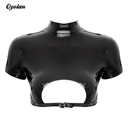 Lencería con hebilla y cremallera para mujer, Top corto ajustado de charol con cuello falso, ropa gótica Punk para discoteca, Pole Dancing