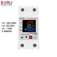 63A 230V Din Rail 3IN1 Display Adjustable Over Voltage Current and Under Voltage Protective Device Protector Relay 220V KWH