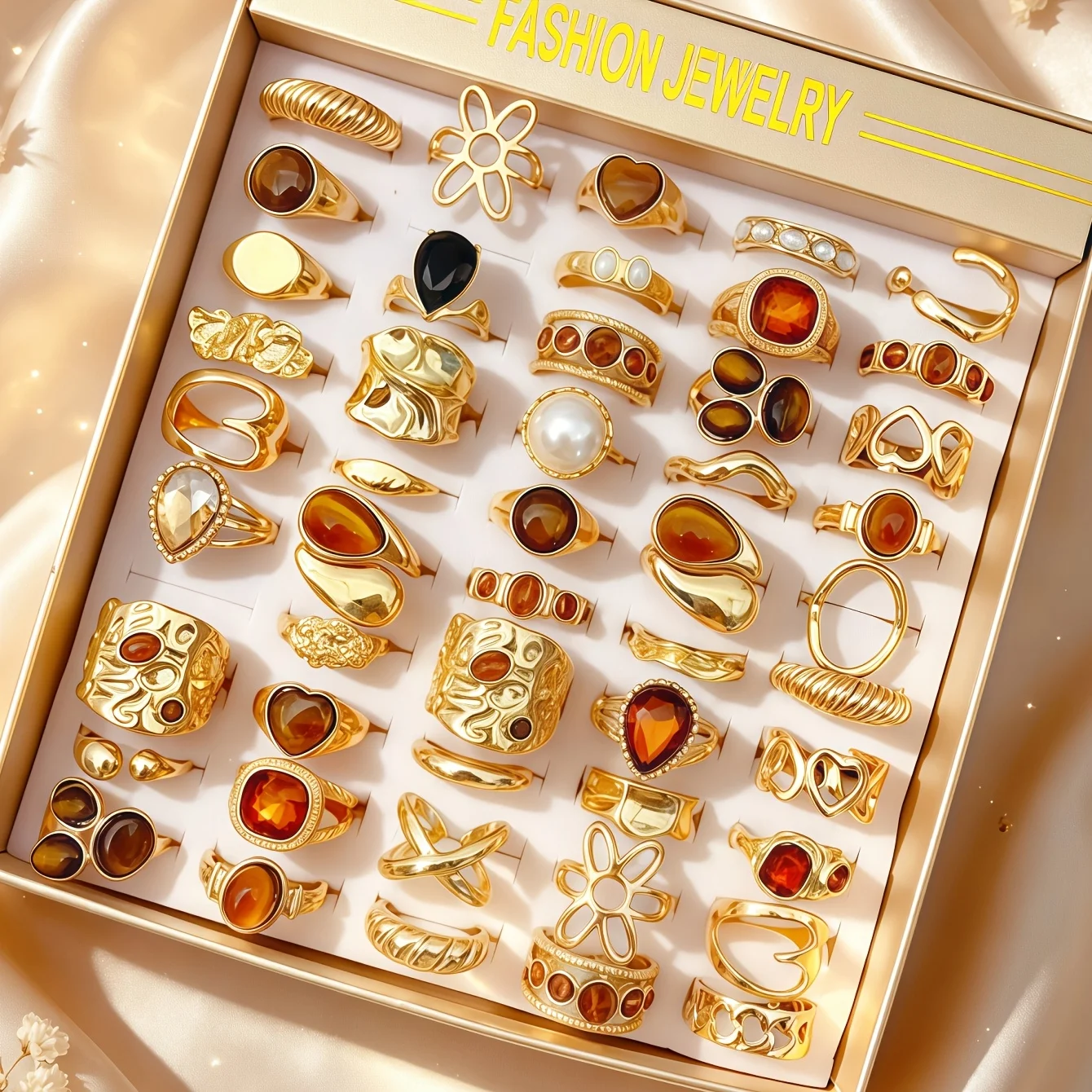 8/15/25/35/50Pieces Fashion Vintage Brown Cat's Eye Stone Rings Set For Women Mix Style Retro Flower Geometry Jewelry Party Gif