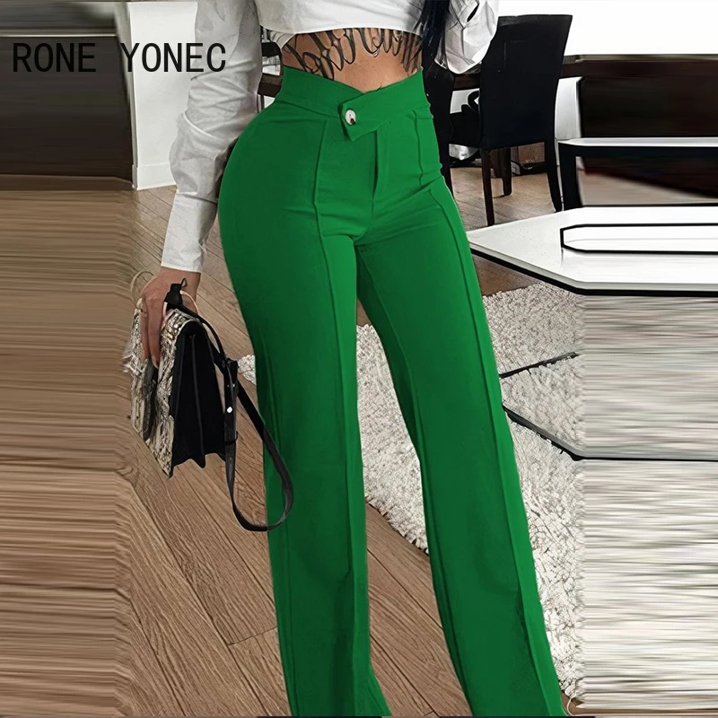 

Women Solid High Waist Bright Line Decor Working Straight Asymmetrical Leg Full Length Pants