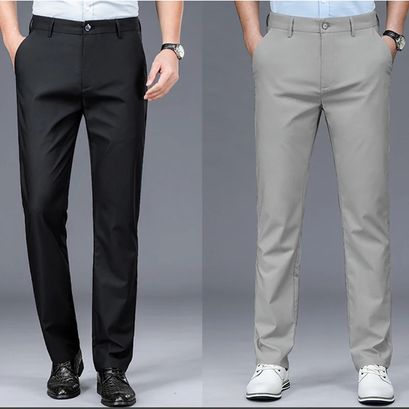 

Мужские деловые брюки для офиса, летние тонкие свободные прямые брюки из ледяного шелка, повседневные модные универсальные брюки цвета хаки