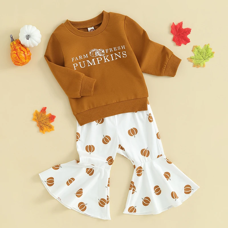 Baby Girls Halloween Outfits Toddler Letter Print Long Sleeve Round Neck Sweatshirt and Flared Pants Set Infant 2 Piece Suits