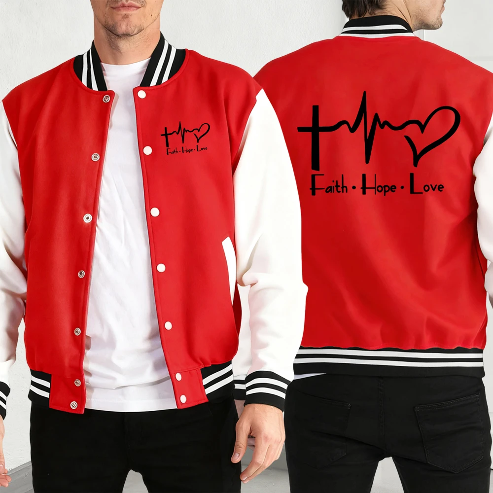 

Faith Hope Love Electrocardiogram Love Print Men'S Jacket Loose Street Baseball Jersey Sport Pocket Casual Vintage Menswear