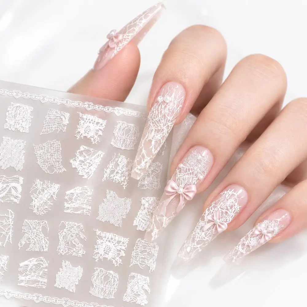 1Pc Delicate 5D Mesh Lace Nail Art Stickers White Embossed French Nail Decals Self-Adhesive for Chic Daily Manicure Decor