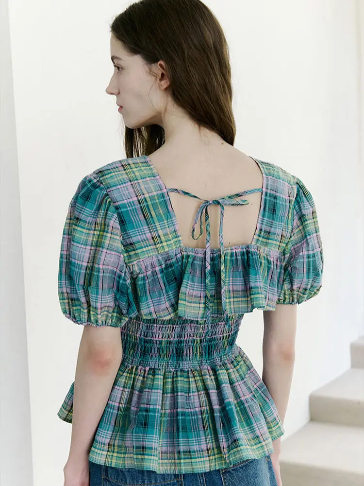 Nok Xiaola Authentic Vintage Bubble Sve Plaid Waist Cinched irt Women's Sweet Sle Slim Fit Cotton Polyester Nylon Blen...