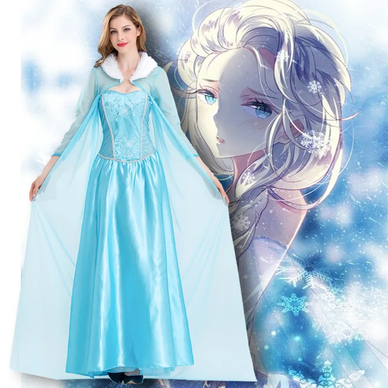 

Adult Women Halloween Princess Costume Fairy Tales Ice Queen Elsa Anna Princess Cosplay Long Dress Cape Fancy Dress