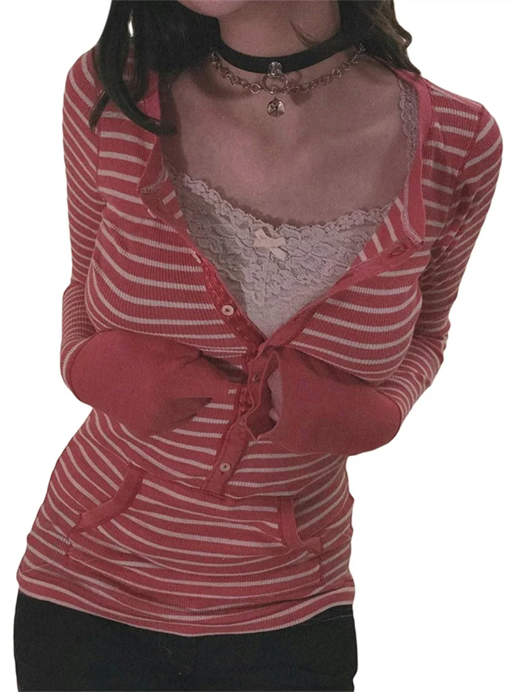 قمصان نسائية للخريف بأكمام طويلة ورقبة على شكل زر قمصان متماسكة Y2K تي شيرت جمالي 2000s قطع علوية غير رسمية على الطراز القوطي الجرونج #4