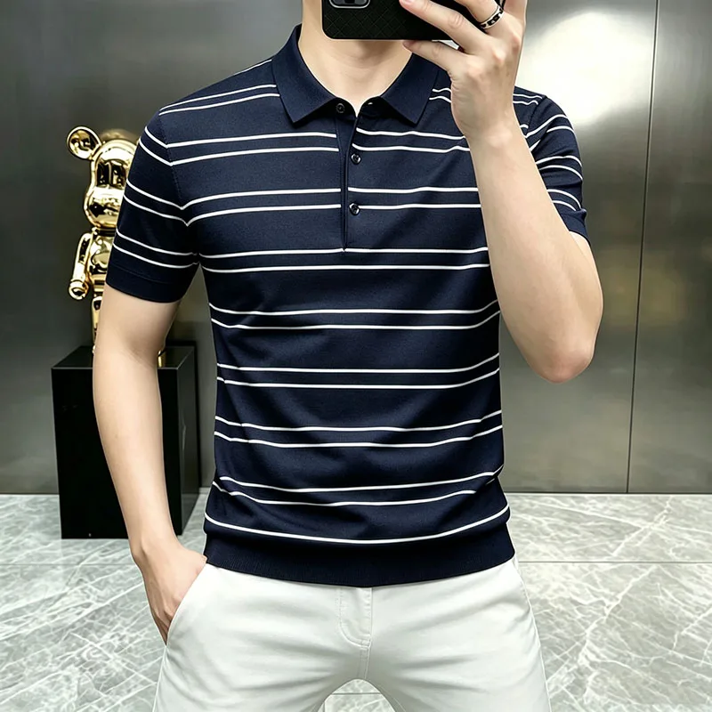 Viscose Polyamide Blend Men's Polo Shirts Short Sleeve Knitwear Summer Quality Stretchy Striped Casual Exquisite Polos De Hombre