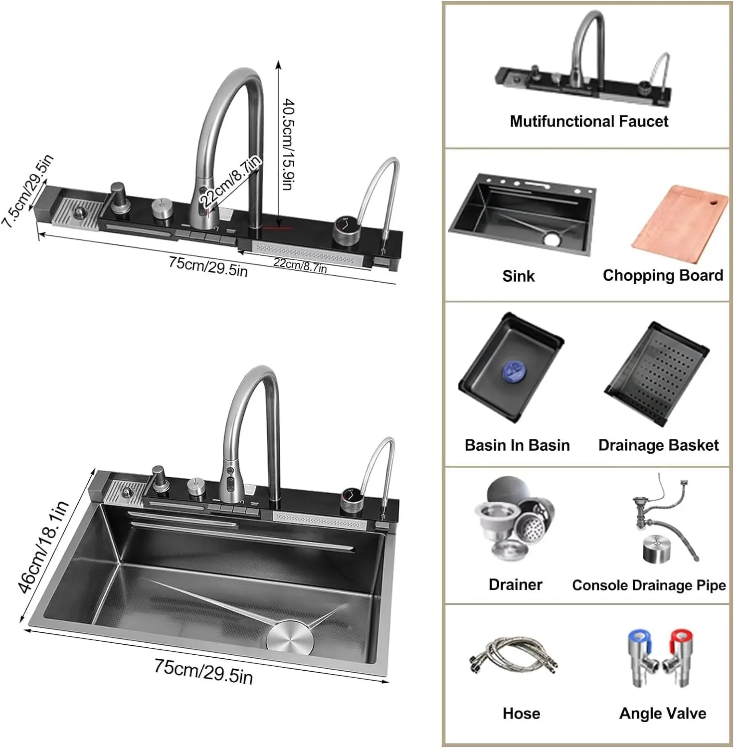 Digital Display Embossed Stainless Steel Nano Black Raindance Waterfall Drop In Sink with Pressurized Cup Washer and Two Waterfa