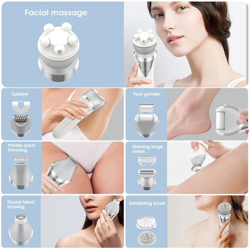 7in1 Electric Shaver Multiple Head Bikini Trimmer Face Razor Massager Foot Callus Remover Waterproof Epilator Hair Removal