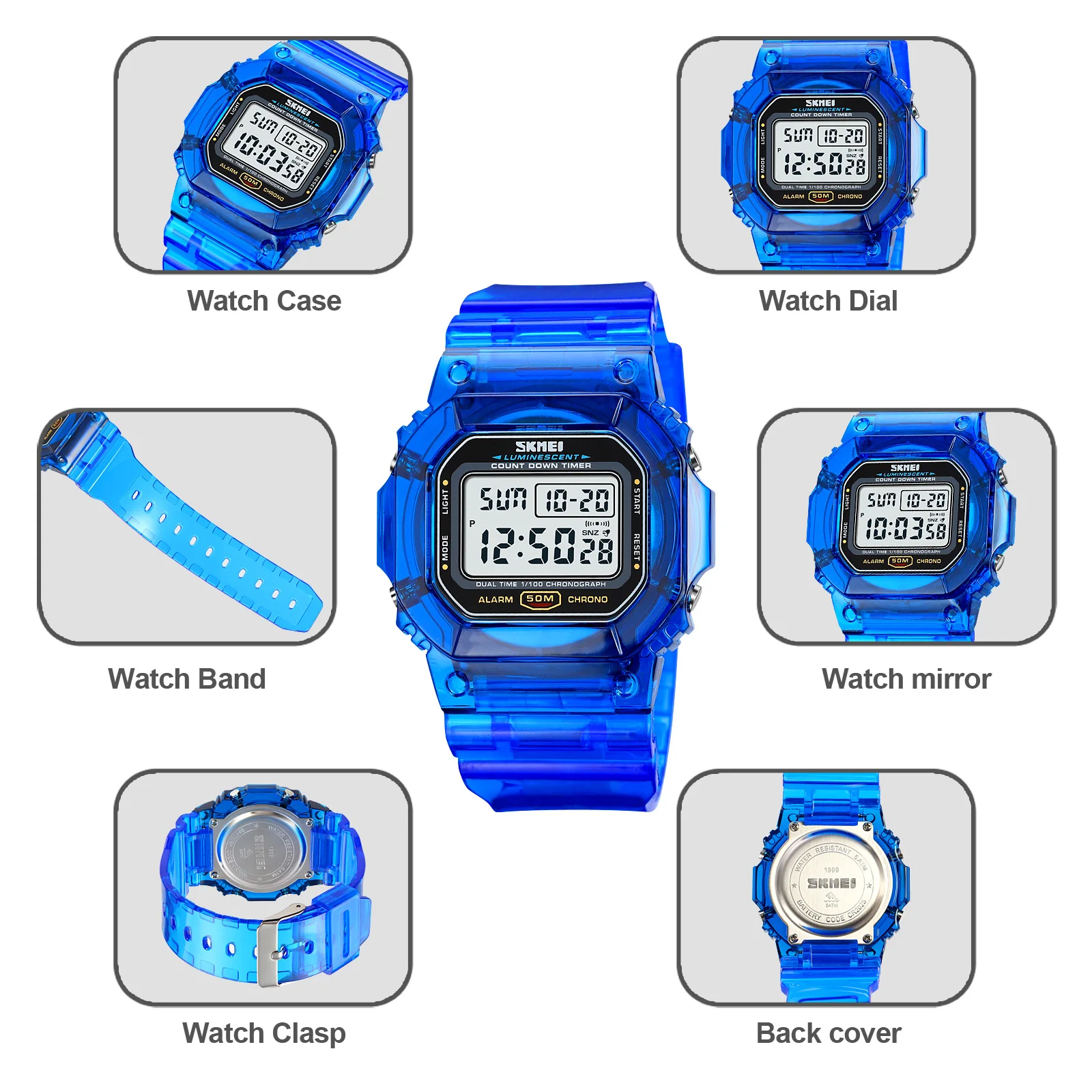 SKMEI Transparent PU Strap Lady Wristwatch Shockproof New Multifunctional  2 Time Count Down Women Digital Watches reloj mujer