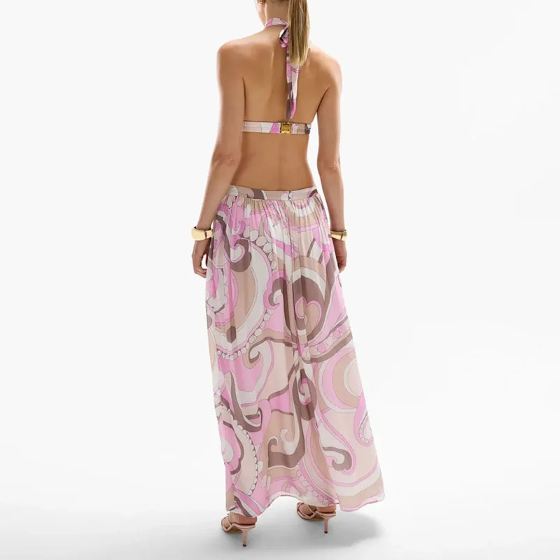 Letnia Długa Sukienka Jednoczęściowa Wzorzysta Suknia Halter Eleganckie Sukienki na Imprezę 2025 Sexy Bez Pleców Łączona Ażurowa Plisowana Sukienka Boho