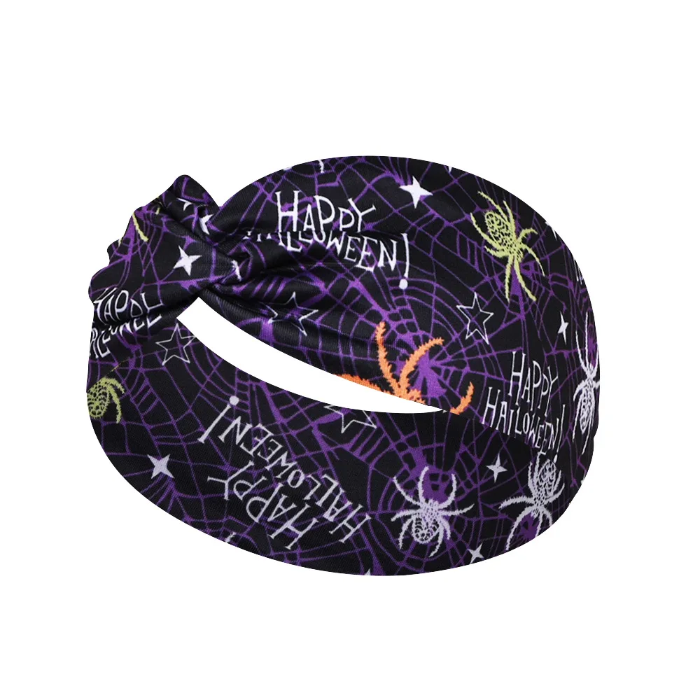 Halloween Skull Flower Print Wide Headbands Vintage Knot Elastic Turban Headwrap For Women Girls Soft Bandana Hair Accessories