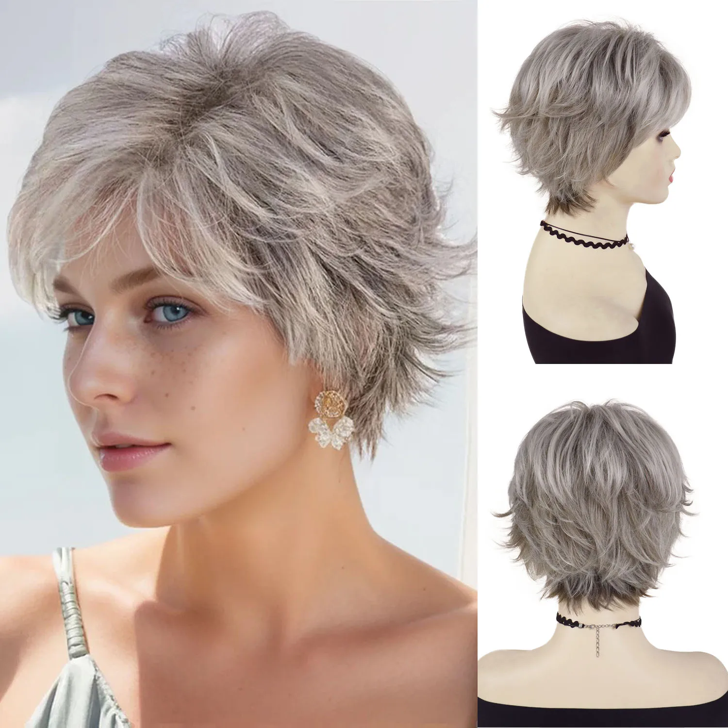 

Synthetic Women Pixie Cut Wig Ash Blonde Wigs with Bangs for Old Lady Natural Mommy Wig Short Curly Wig Daily Costume Drag Queen