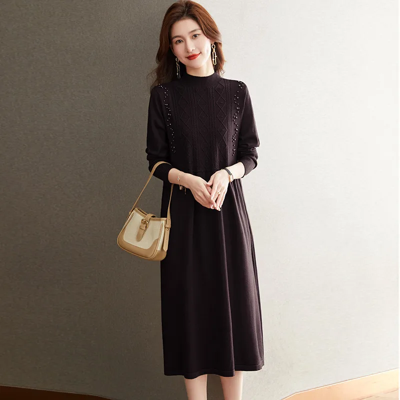 2025年秋冬新作 カシミヤニットワンピース レディース ハイネック ニットセーター ロングワンピース ゆったり プルオーバー 女性用ドレス