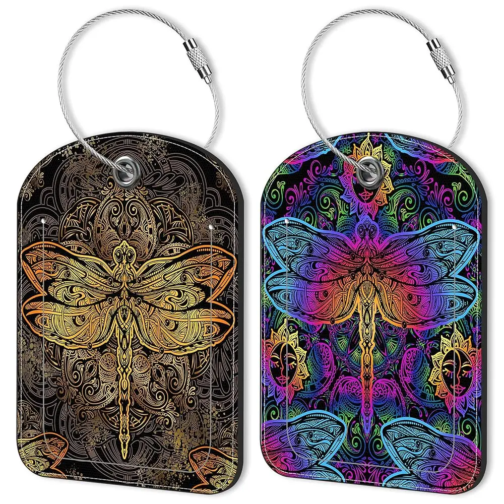 

Набор из 2 кожаных бирок для багажа в изысканном стиле с изображением стрекозы, с идентификационной этикеткой для имени и номера, и креплением из нержавеющей стали