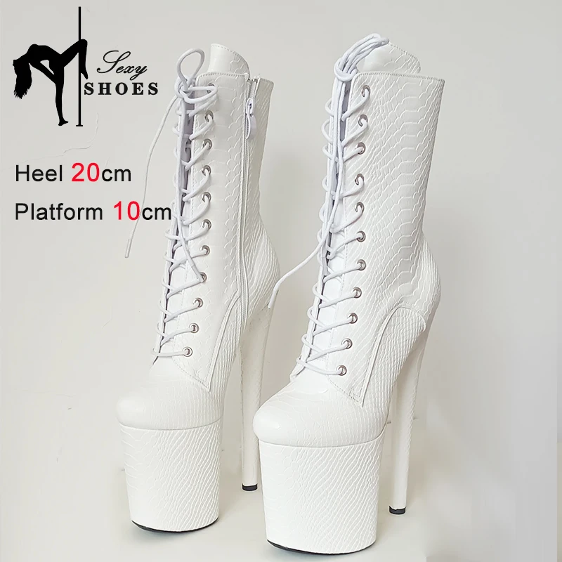 20CM Ankle Boots White Python Pattern Women High Heels Side Zipper Lace-up Thick Platform Short Boots Round toe Women Shoes