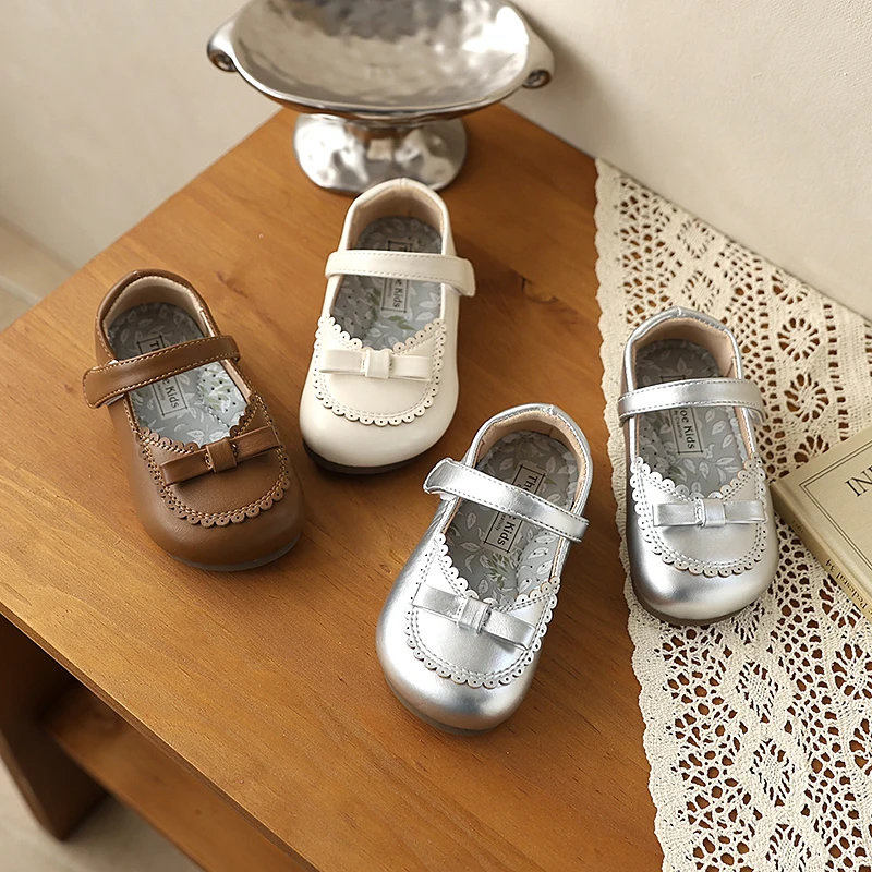 

Fashion Kids Princess Leather Shoes New Shallow Elegant Girls Bow Mary Jane Shoes Causal Ruffled Edge Decor Children Flat Shoes