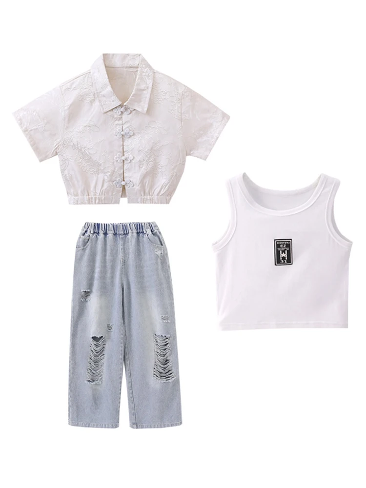 女の子ジャズダンス服、白いショートトップ、ルーズジーンズ、ヒップホップアウト、夏、bl13098