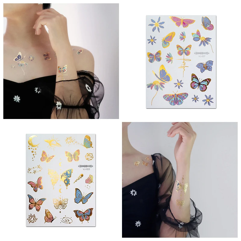 VeeCharm - Premium Butterfly Temporary Tattoo Stickers, Glitter Gold Metallic Sparkling Designs for Kids & Women, 1/12 Sheet