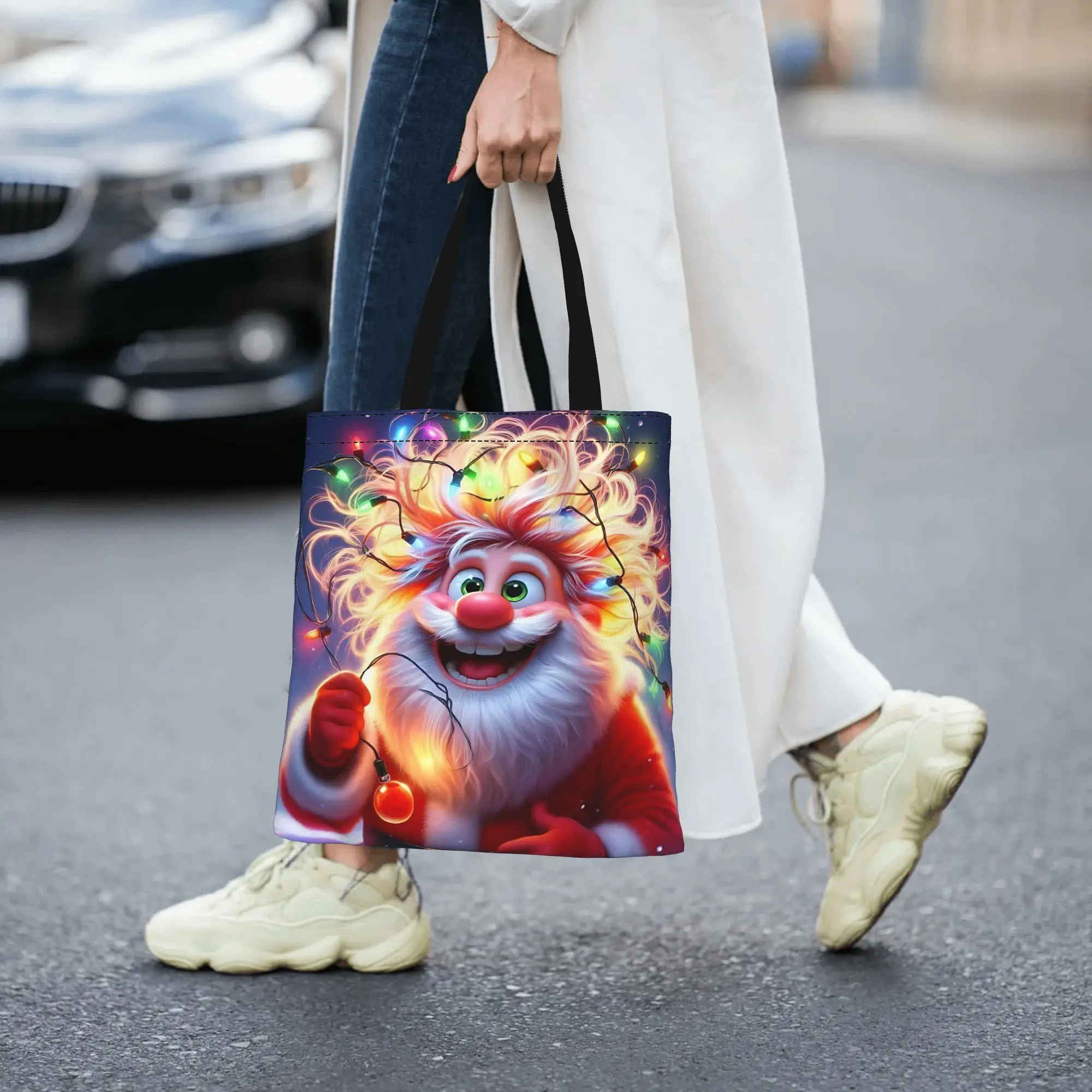 Customized Color Light Crazy Hair Santa Women's Bag Shopping Bag Reusable Double Sided Canvas Tote Bag Shoulder  Handbag