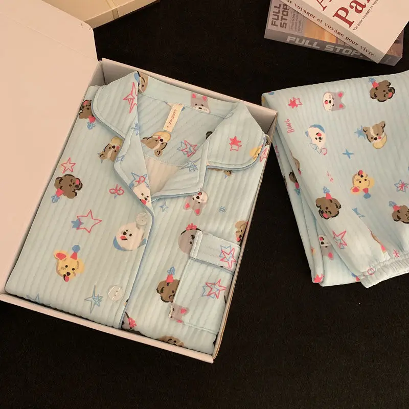 Star Dog Cartoon damska bielizna nocna pikowana dzianinowa bawełniana piżama komplety Shoujo Kawaii ciepła bielizna nocna miękki guzik świąteczna odzież domowa