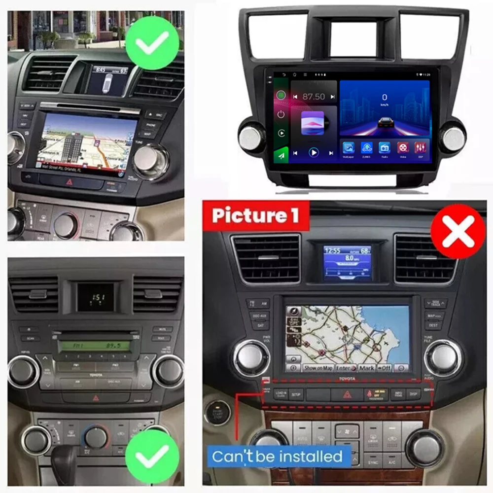 10''For Toyota Highlander 2008-2013 Car Radio Stereo Wireless Apple Carplay Android 15 Auto GPS Camera Google Map Head Unit WIFI