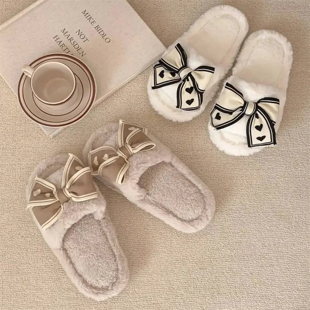 Women's Furry Slippers Ins Indoor Household Slippers Bow Design Autumn Winter Student Home Flat Slide Cotton Slippers