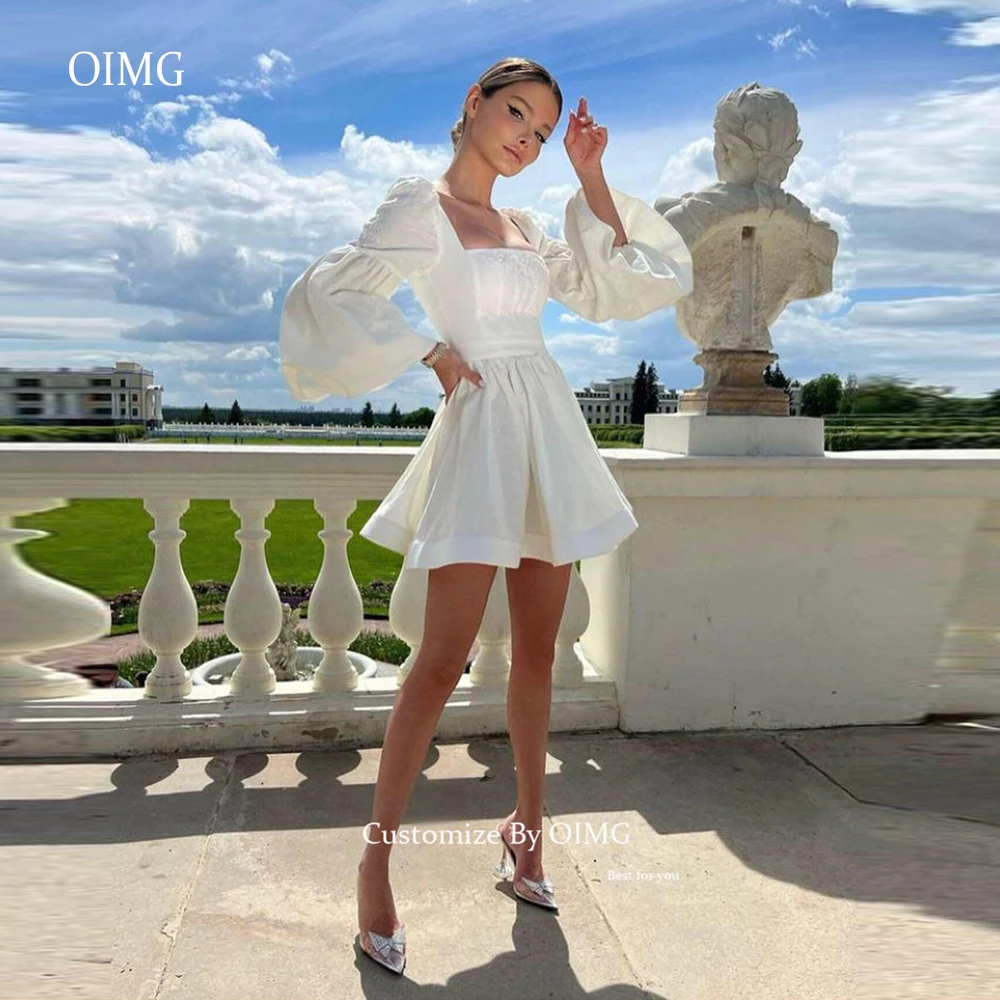 OIMG Gaun Pesta Pernikahan Pendek Linen Katun Gading Antik Lengan Panjang Puff Leher Persegi Gaun Formal Prom Mini Robe De Soiree