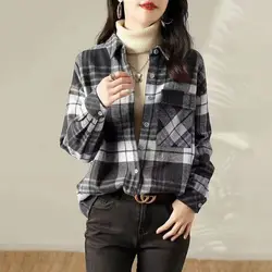 2023 Autumn/Winter Outwear Shirt New Polo Collar Long Sleeve Plaid Shirt Loose Casual Office Style Leisure Women's Plaid Coat