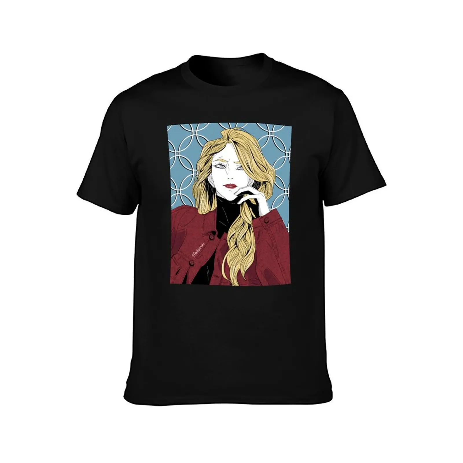 Celia in red jacket by Mashersan Blindfold T-Shirt, Summer Casual Cotton Tee, Oversized Streetwear Tops, Vintage Graphic Print