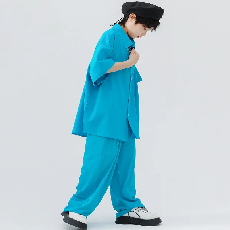 Girl Boy Jazz Dance Costumes Dancing Clothes Kids Hip Hop Clothing Blue Short Sleeve Shirt Tops Casual Street Wear Pants For