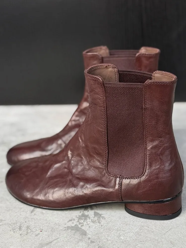 French Style Female Genuine Leather Round Toe Chunky Heel Ankle Boots Versatile Solid Color Sheepskin Rlastic Band Footwear