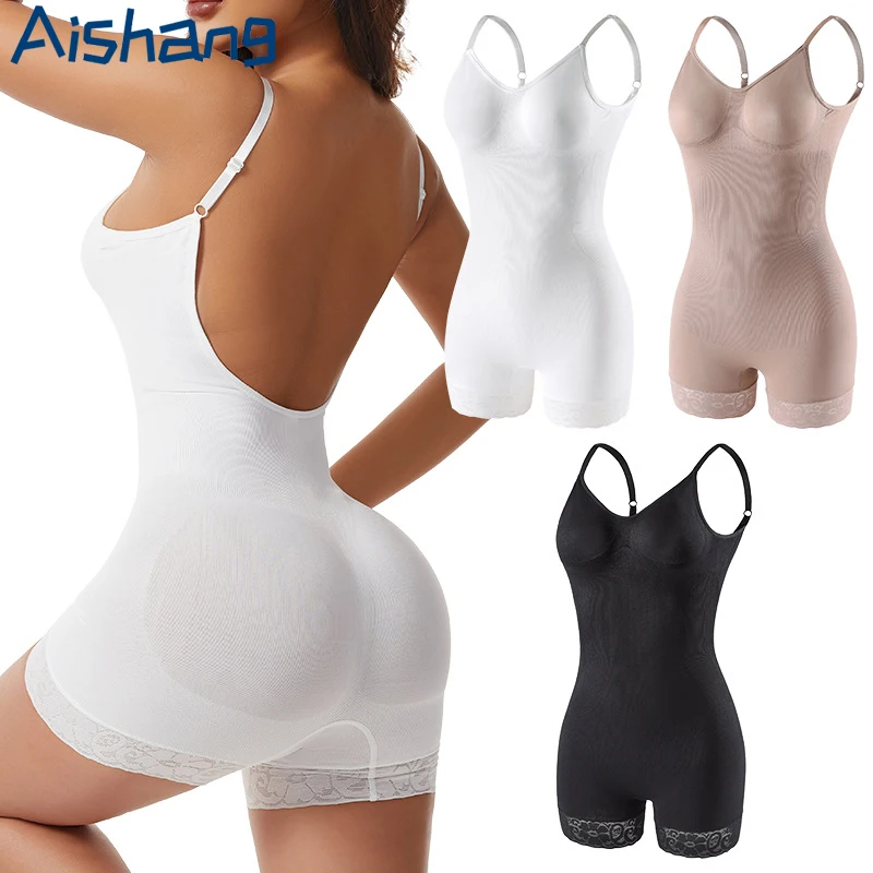 Body Moldeador Sin Costuras para Mujer, Control de Abdomen, Levantador de Cadera, Moldeador de Cuerpo Completo, Sin Espalda, Corsé Delgado a Medio Muslo con Ribete de Encaje