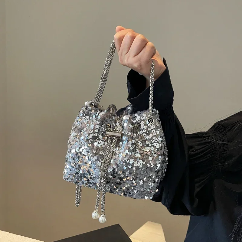 Handheld Sequin Bag for Women 2024 New Fashionable Bucket Bag Versatile Single Shoulder Crossbody Dinner Bag Paquete De Cena