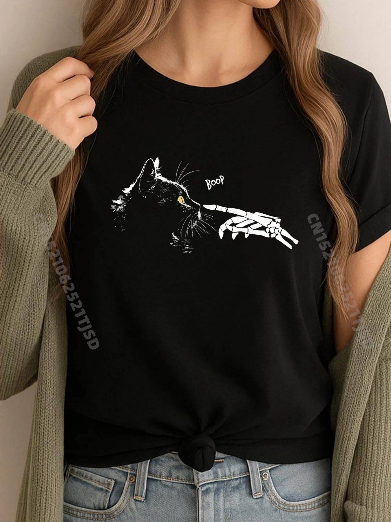 

Cat Skeleton Hand Boop Halloween Cute Cats Pet Kitty Brand Clothing Cotton T Shirt Woman Printed On