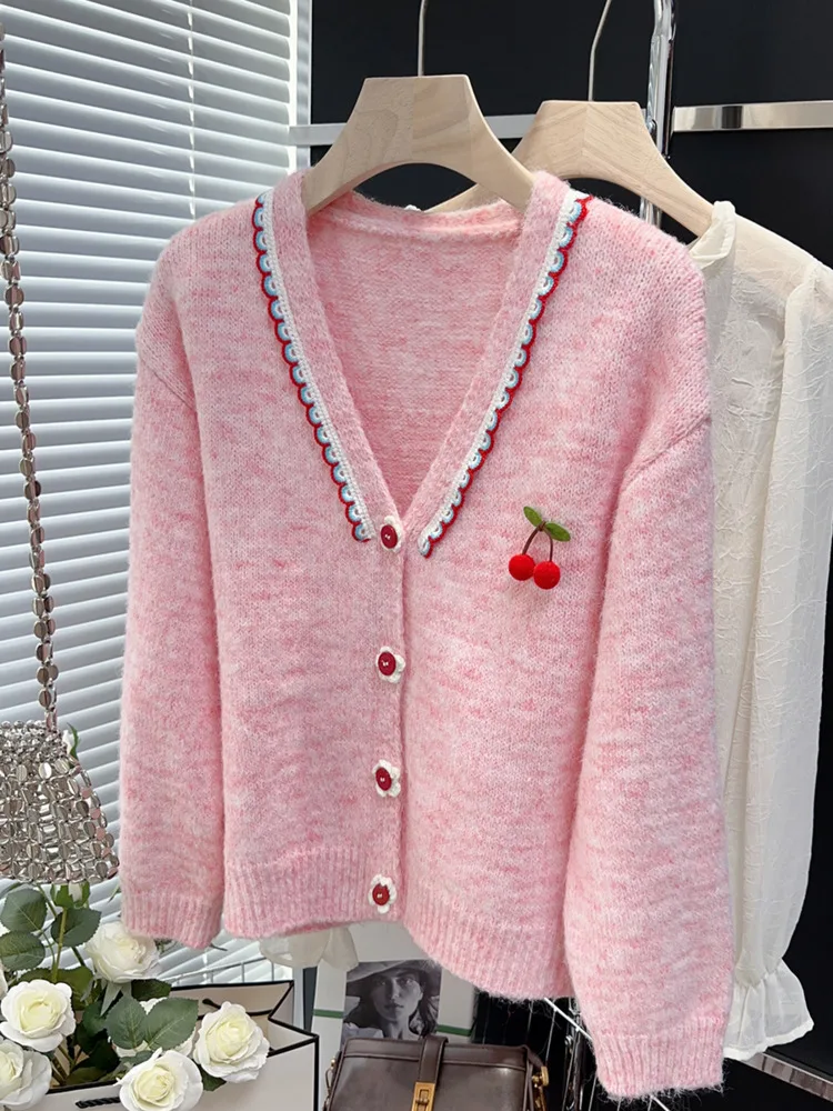 

2025 New Autumn Cherry Embroidery Short Section Long Sleeve Thin Knitted Cardigan V-Neck Sweater Fashion Sweet Women's Wear